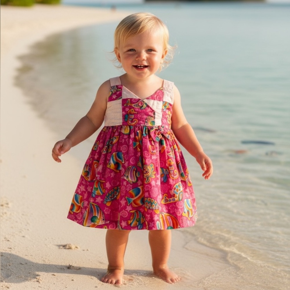 Vintage Tropical Art by Motti Naeh Baby Dress‎ 12M Pink Tropical Fish Print